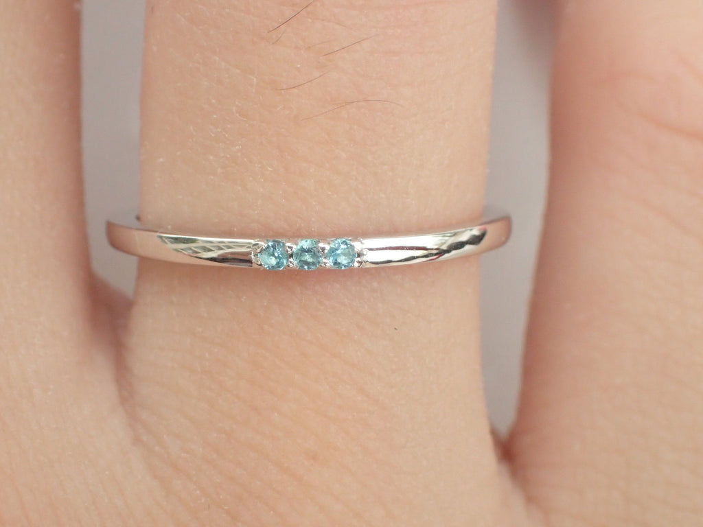 3 Blue topaz Ring White Gold 3 Stone Ring 3rd Year Gift for Wife 3 Stacking Blue topaz Thin Dainty Gift Past Present Forever Ring 1.3mm
