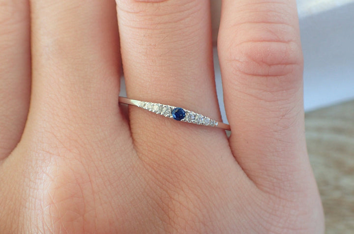 Tapered Blue Sapphire Diamond Ring Engagement Ring Diamond Wedding Band Platinum Ring