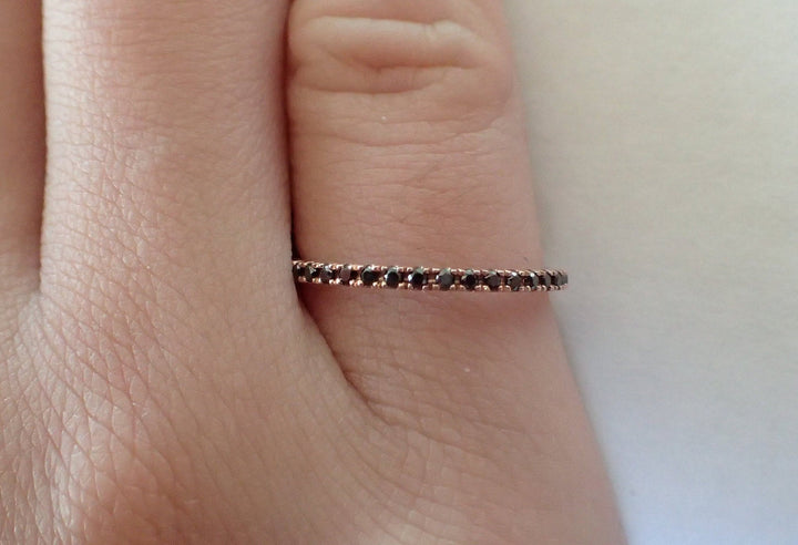 Black Diamond Micro Pave Wedding Band, Solid Gold Full Eternity Band, Thin Dainty Band, Platinum Diamond Stackable Band