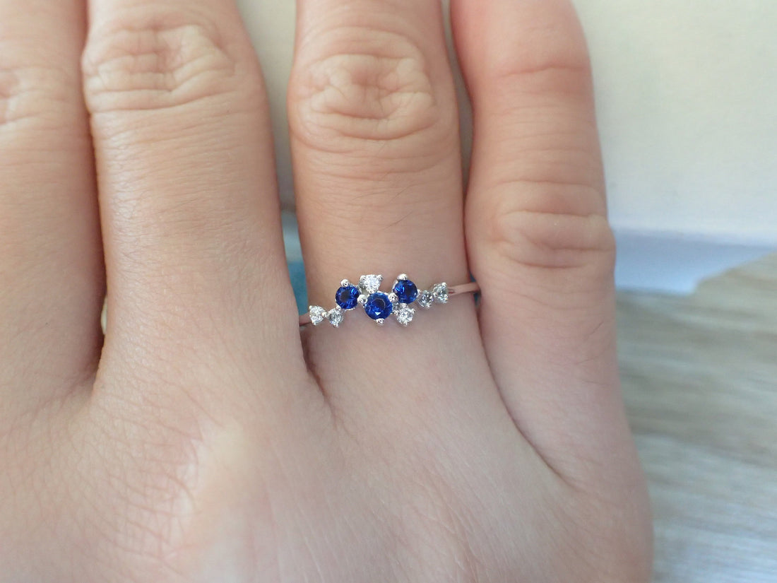 Cluster Sapphire Diamond Ring Diamond Cluster Wedding Band Gold Clustered Sapphire Ring Diamond Wedding Ring Engagement Ring Dainty Ring