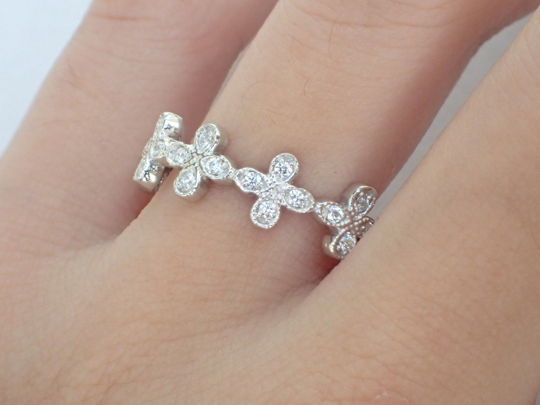 Art Deco Ring Floral Wedding Band Diamond Clover Band White Gold Floral Wedding Ring Art Deco Floral Band 14k 18k Platinum Ring Dainty Ring