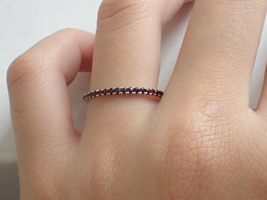 Garnet Eternity Band, Solid Gold Garnet Wedding Band, Full Eternity Band, 1.3mm Garnet Dainty Band, January Birthstone