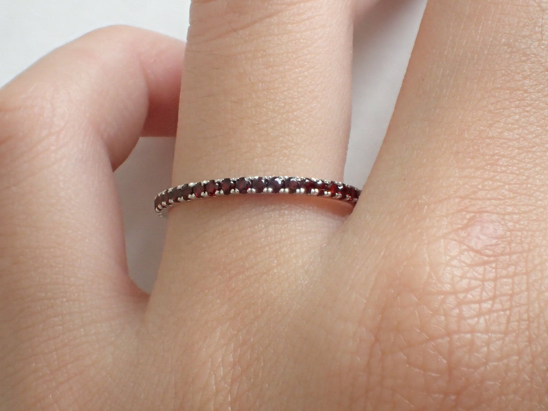 Garnet Eternity Band, Solid Gold Garnet Wedding Band, Full Eternity Band, 1.3mm Garnet Dainty Band, January Birthstone