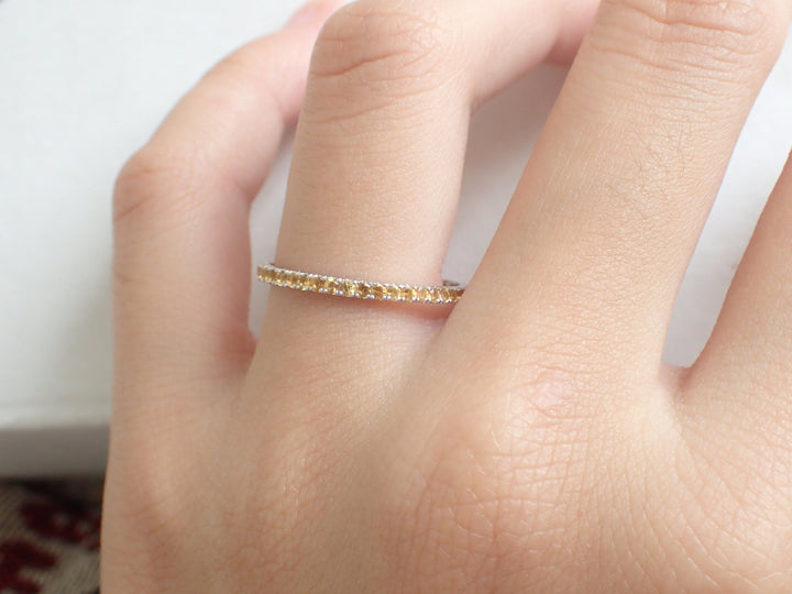 Yellow Sapphires Micro Pave Eternity Band, 14k Solid Gold Full Eternity Bad, Thin Dainty Band, September Birthstone Ring