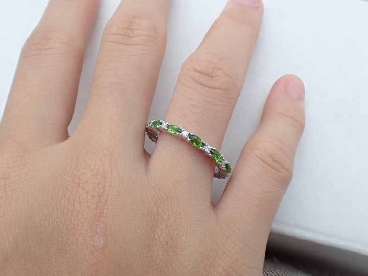 Emerald Wedding Band, Alternating White Sapphire & Green Emerald Band, Solid Gold Dainty Stackable Band