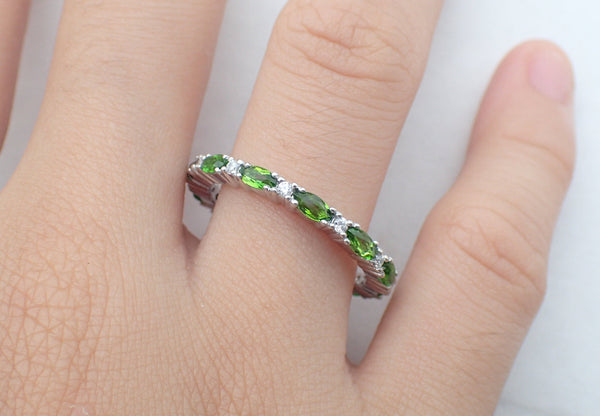 Emerald Wedding Band, Alternating White Sapphire & Green Emerald Band, Solid Gold Dainty Stackable Band