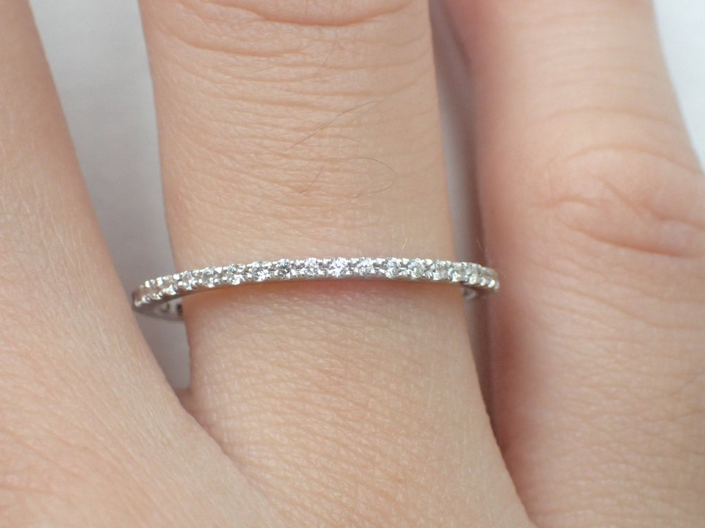 Fish Tail Platinum Full Eternity Ring, French Pave Diamond Wedding Band, Solid Gold Fish Tail Ring, Thin Dainty Band
