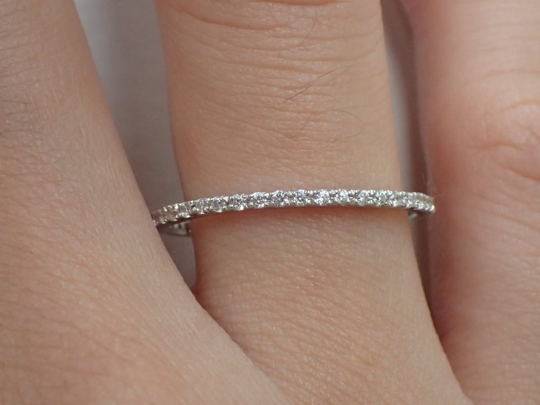 Fish Tail Platinum Full Eternity Ring, French Pave Diamond Wedding Band, Solid Gold Fish Tail Ring, Thin Dainty Band
