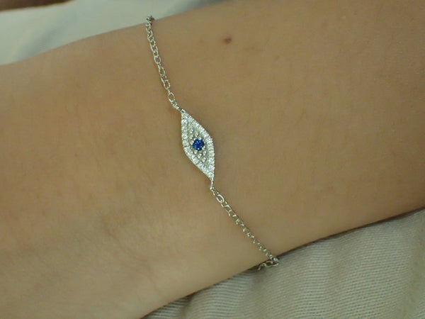 Evil Eye Diamond Bracelet, 14k Solid Gold Lucky Charm, Gift for Ladies, 2mm Blue Sapphire Eye Bracelet, Women Co-Worker Gift