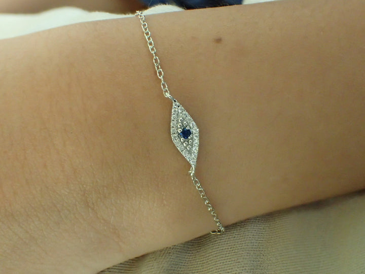 Evil Eye Diamond Bracelet, 14k Solid Gold Lucky Charm, Gift for Ladies, 2mm Blue Sapphire Eye Bracelet, Women Co-Worker Gift