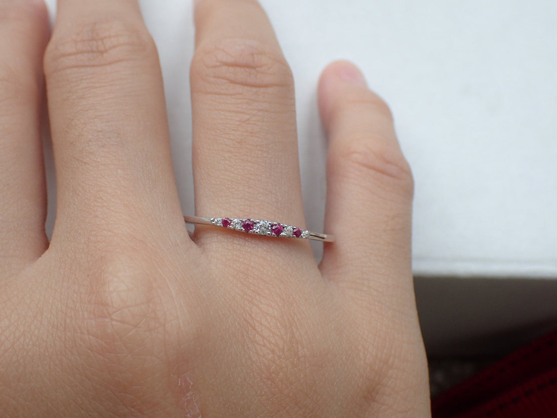 Red Ruby Ring Dainty Red Ruby Ring White and Red Ruby Ring July Birthstone Ring Red Ruby Tapered Band Ring Platinum Ring Engagement Ring