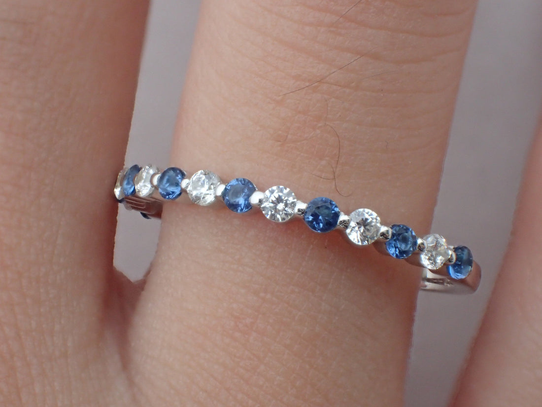 Blue Sapphire and Moissanite Wedding Band, Alternating Stones Ring, Prong Set Ring, 1.8mm Mixed Stones Platinum 950 Band