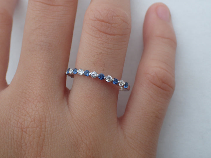 Blue Sapphire Wedding Band Moissanite Sapphire Engagement Ring Eternity Band Single Prong Mixed Stones Alternating Stones 1.8mm