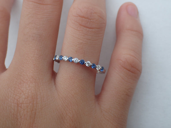 Blue Sapphire and Moissanite Wedding Band, Alternating Stones Ring, Prong Set Ring, 1.8mm Mixed Stones Platinum 950 Band