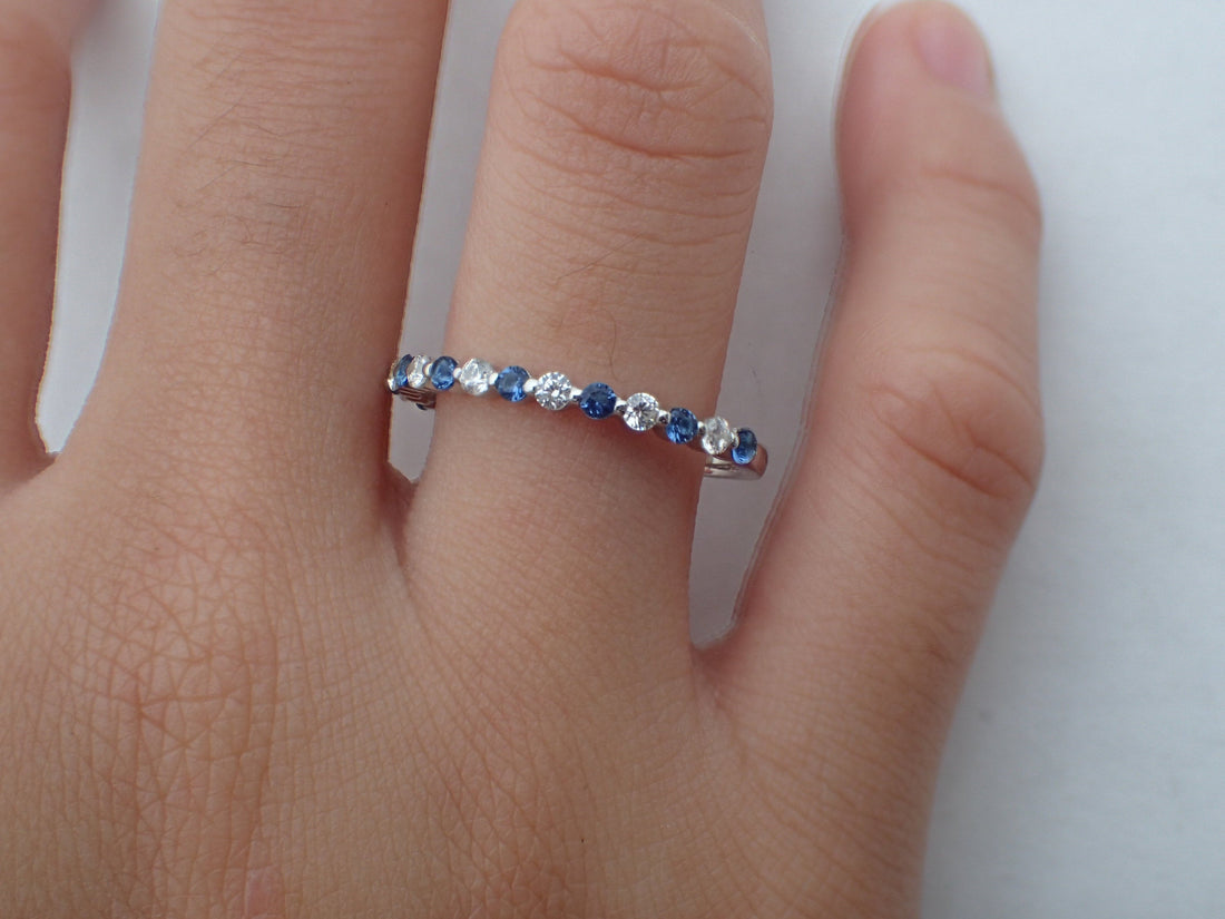 Blue Sapphire and Moissanite Wedding Band, Alternating Stones Ring, Prong Set Ring, 1.8mm Mixed Stones Platinum 950 Band
