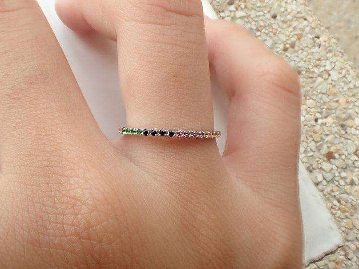Rainbow Gemstone, Half Eternity Band, Multi Gemstone Ring, 14k Gold Rainbow Wedding Ring, Precious Stone Ring