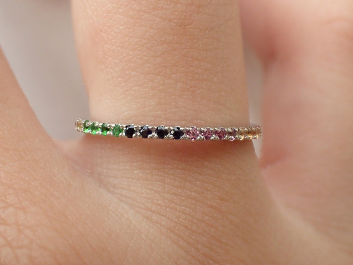 Rainbow Gemstone Eternity Band, 14k Gold Sapphire Ruby Amethyst, Full Stacking Band, Delicate Bridal Band