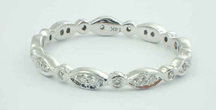 Marquise Shaped Moissanite Wedding Band, Vintage Inspired Band, Delicate Art Deco Full Eternity Ring, Solid Gold Band