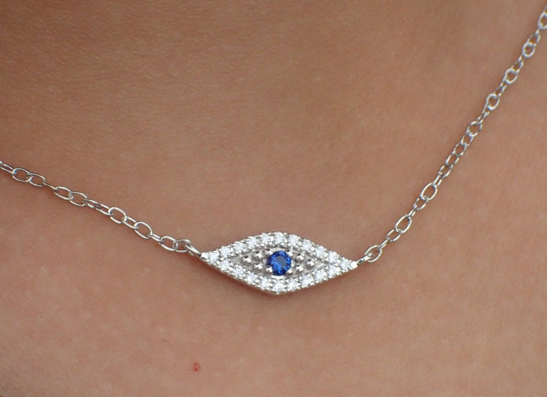 Evil Eye Diamond Necklace Evil Eye Sapphire Necklace Evil Eye Luck Charm Necklace Gift for Co-Worker, Sweetheart, Wife, Mom