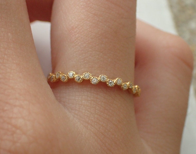 Art Deco Dot Moissanite Ring, 14k Art Deco Band, Cluster Art Deco Circle Shape Half Eternity Band, Dainty Vintage Ring