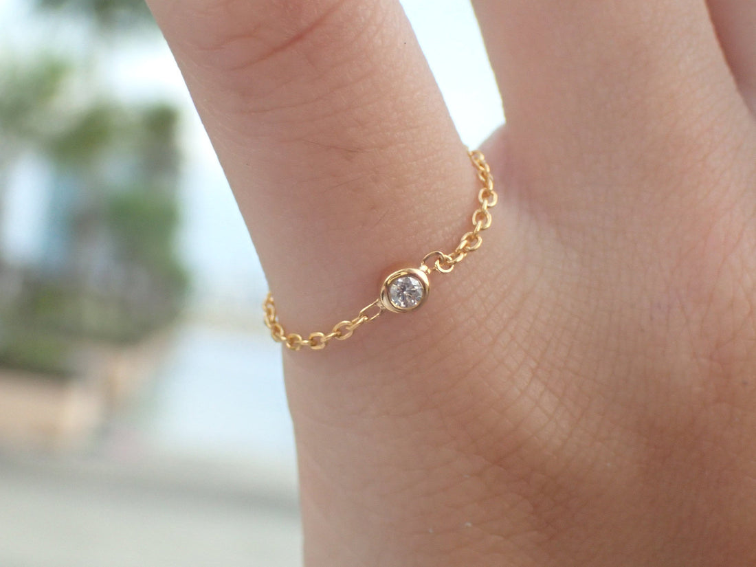 Dainty Diamond Chain Ring - 14k Gold Diamond Chain Ring - Natural Diamond Set Bezel Chain Ring - Minimalist Ring