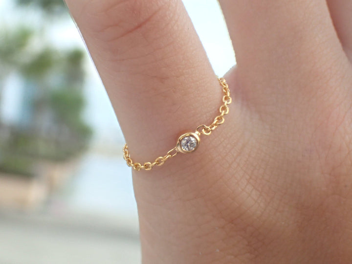 14k Gold Chain Ring, Bezel Set Diamond Gold Chain Ring, Delicate Chain Ring, Lovely Gifts for Anyone