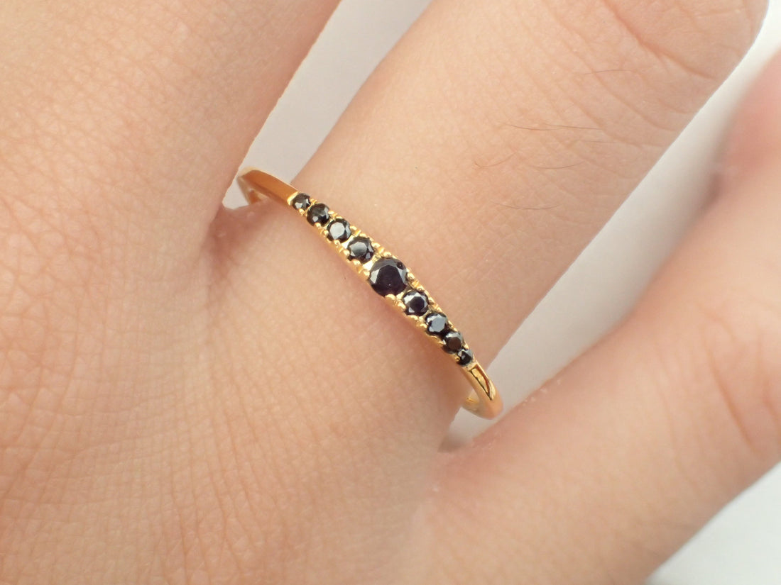 18k Gold Black Diamond Ring/ Tapered 18k Gold Band Black Diamonds/ Dainty Black Diamond Ring/ Gift for Her/ Available in 14k and Platinum