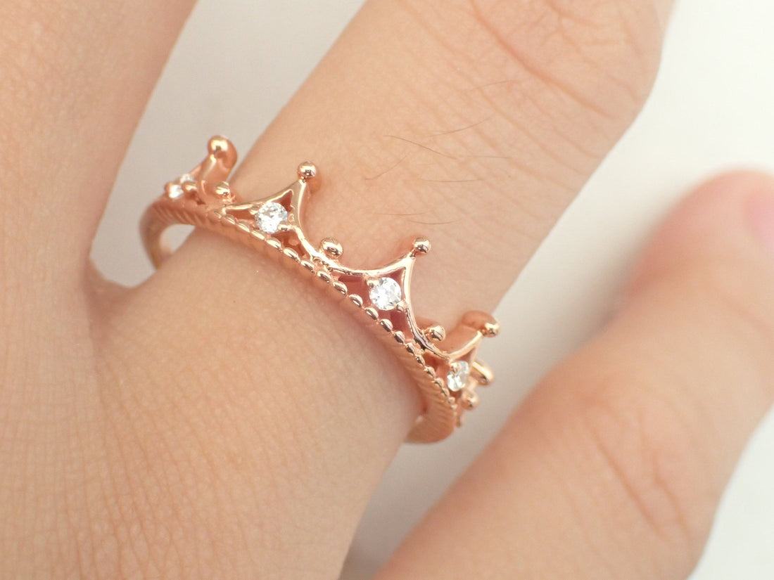 Moissanite Crown Ring, Tiara Queen Ring, Rose Gold Tiara Princess Ring, Platinum Rose Gold Tiara Ring