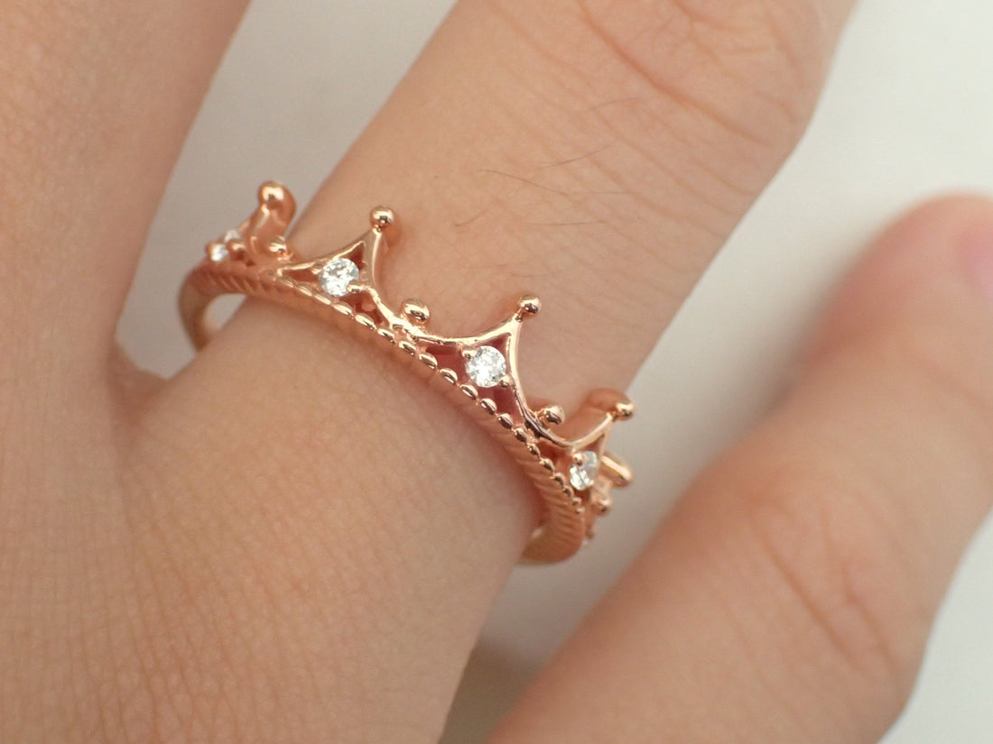 Moissanite Crown Ring, Tiara Queen Ring, Rose Gold Tiara Princess Ring, Platinum Rose Gold Tiara Ring