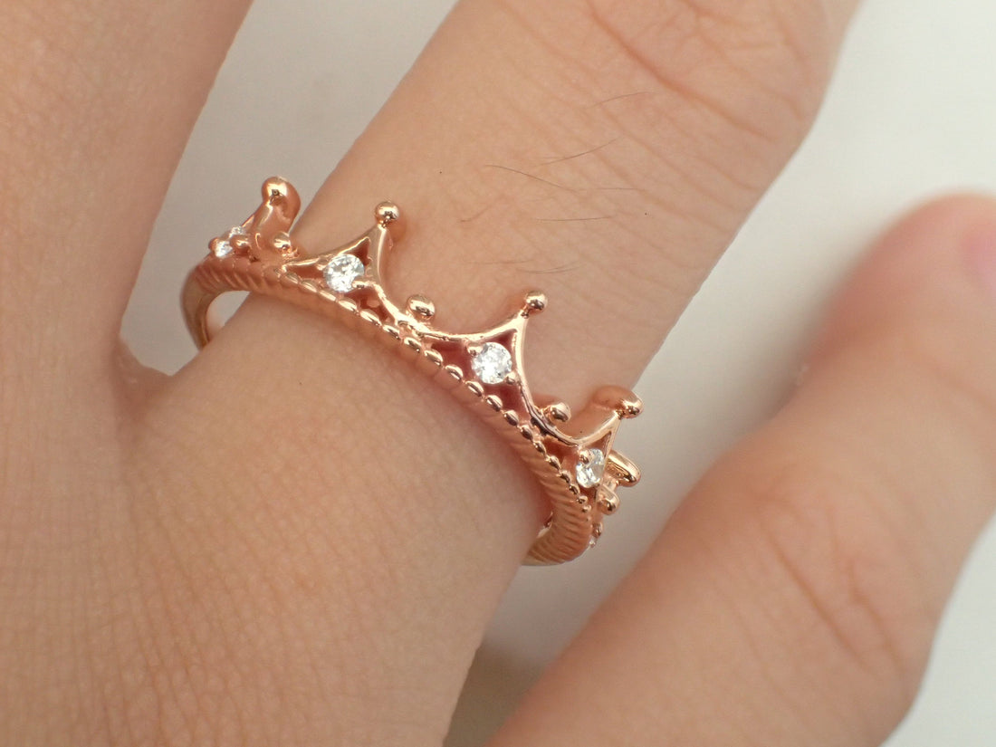 Moissanite Crown Ring, Tiara Queen Ring, Rose Gold Tiara Princess Ring, Platinum Rose Gold Tiara Ring