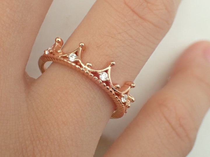 Moissanite Crown Ring, Tiara Queen Ring, Rose Gold Tiara Princess Ring, Platinum Rose Gold Tiara Ring