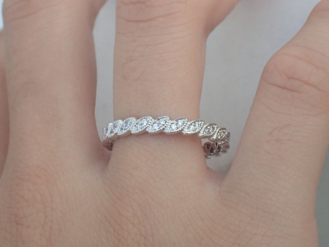14k Full Eternity Art Deco Band Stacking Rings Vintage Inspired Diamond Band 14K Solid Gold Diamond Wedding Band Full Eternity Art Deco band