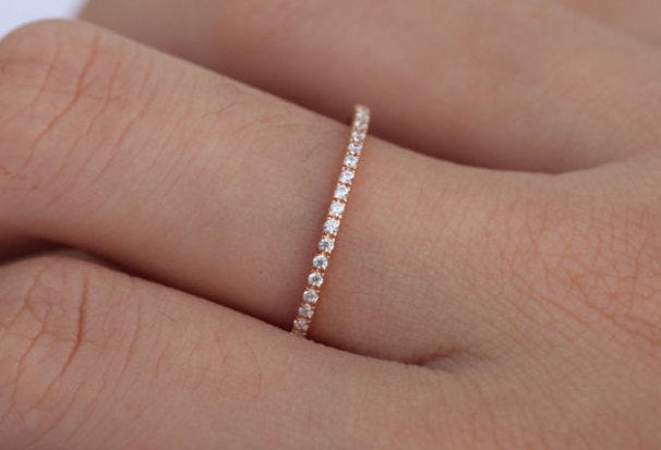 1.5mm CZ Eternity Band, 14k Solid Gold Full Eternity Band, 1.5mm CZ or White Sapphire Ladies Wedding Band, Dainty Thin Band