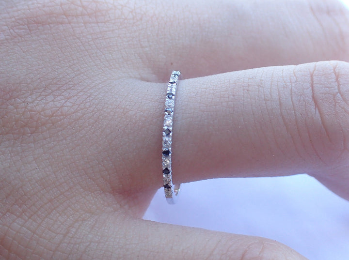 18k Black and White Diamond Eternity Band Micro Pave Black Diamond Ring Alternating Black and White Diamond Full Eternity Band