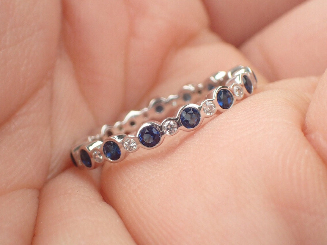 Alternate Blue Sapphire and Diamond Full Eternity Band, Delicate Sapphires Band with Diamonds, Gold or Platinum