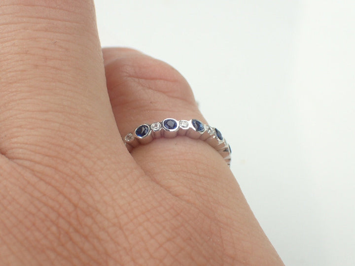 Blue and White Sapphire Bezel Set Alternate Ring, 14k Gold Full Eternity Band, Delicate September Birthstone Band
