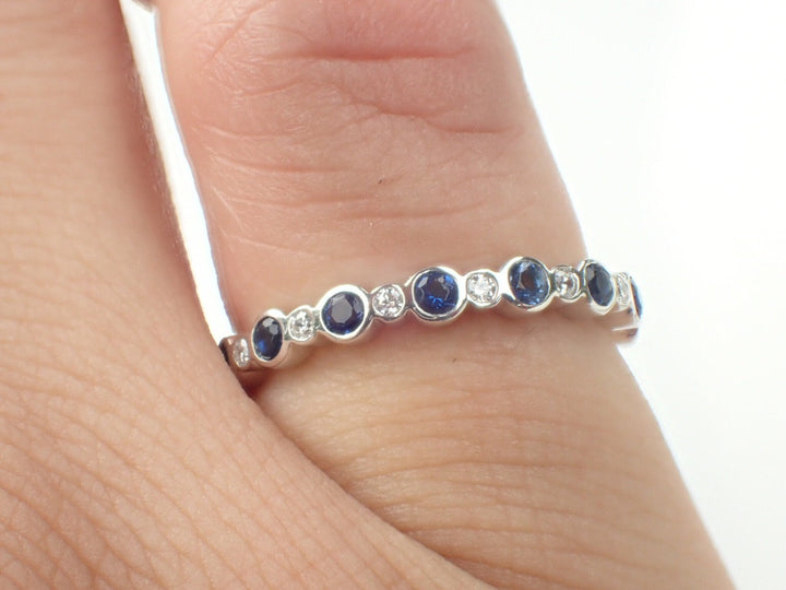 Alternate Blue Sapphire and Diamond Full Eternity Band, Delicate Sapphires Band with Diamonds, Gold or Platinum