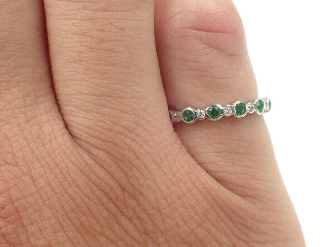 Alternating Emerald and Diamond Band, Emerald Eternity Band, Diamond Emerald Band, Solid Gold Bubble Ring