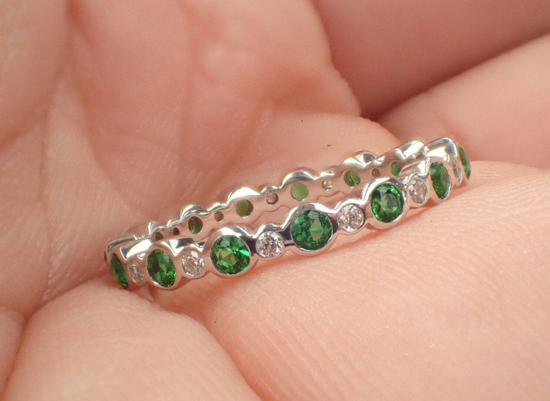 Alternating Emerald and Diamond Band, Emerald Eternity Band, Diamond Emerald Band, Solid Gold Bubble Ring