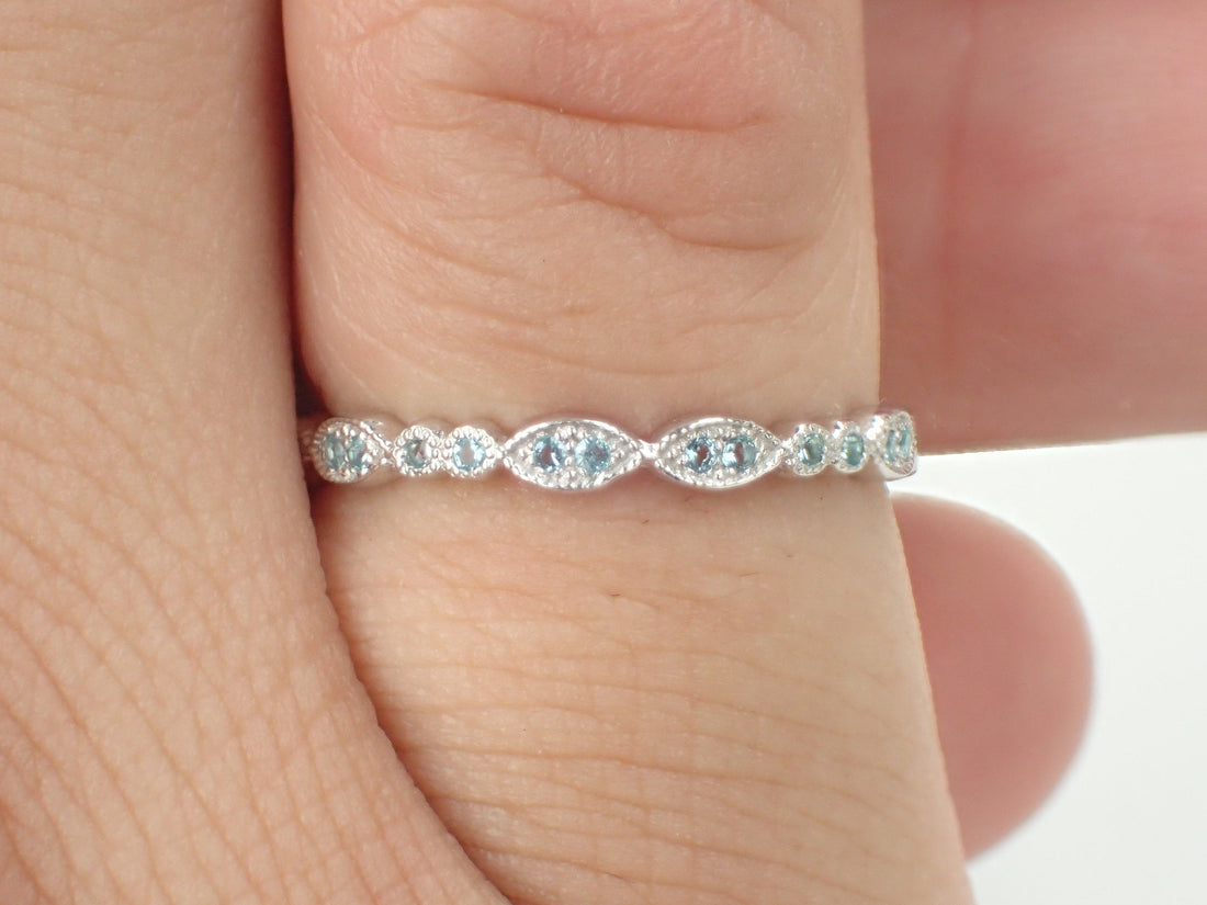 Light Blue Sapphire Wedding Band, 3/4 Eternity Vintage Inspired Band, Marquise Shape Band, Art Deco Ring