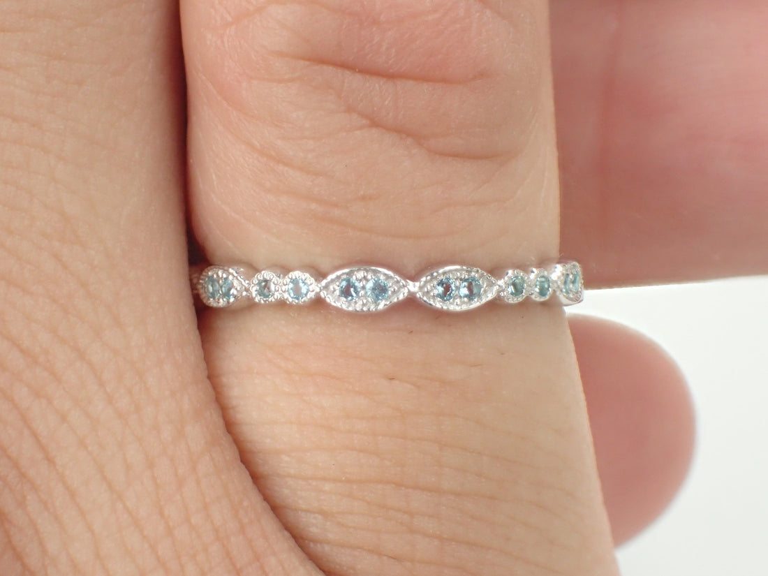 Aquamarine Wedding Band, 3/4 Eternity Platinum Vintage Inspired, Art Deco Aquamarine Gemstone Ring, March Birthstone Ring