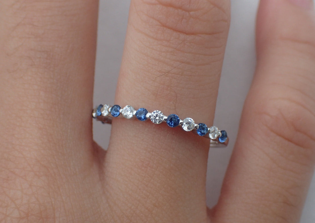 Blue Sapphire and Moissanite Wedding Band, Alternating Stones Ring, Prong Set Ring, 1.8mm Mixed Stones Platinum 950 Band