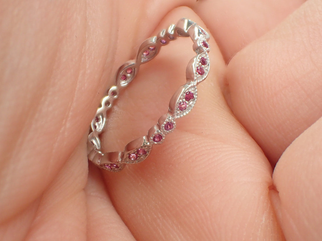 Marquise Shape Platinum Band, Pink Sapphire Art Deco Band, Full Eternity Band with Milgrain, Vintage Inspired Double Dot Ring