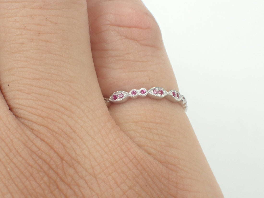 Marquise Shape Platinum Band, Pink Sapphire Art Deco Band, Full Eternity Band with Milgrain, Vintage Inspired Double Dot Ring