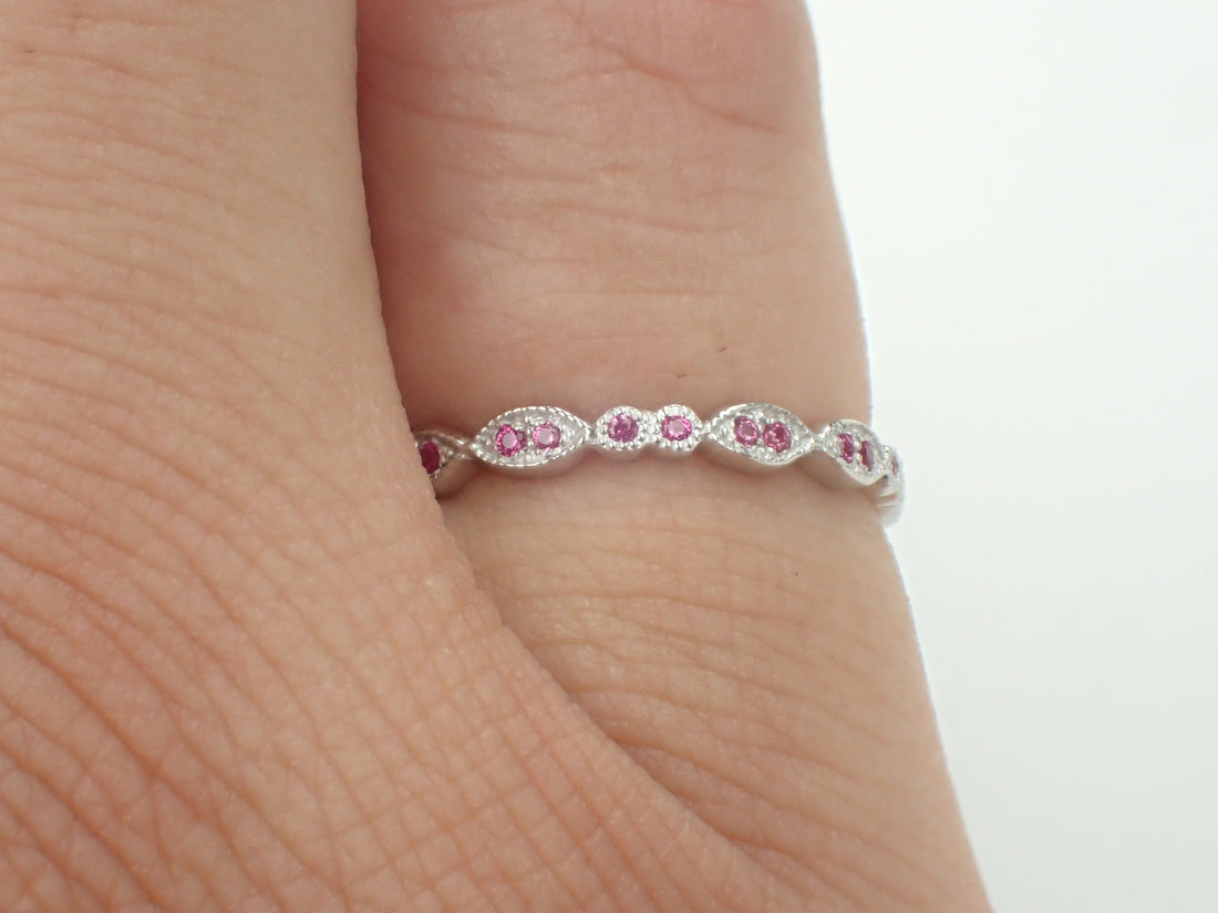 Marquise Shape Platinum Band, Pink Sapphire Art Deco Band, Full Eternity Band with Milgrain, Vintage Inspired Double Dot Ring