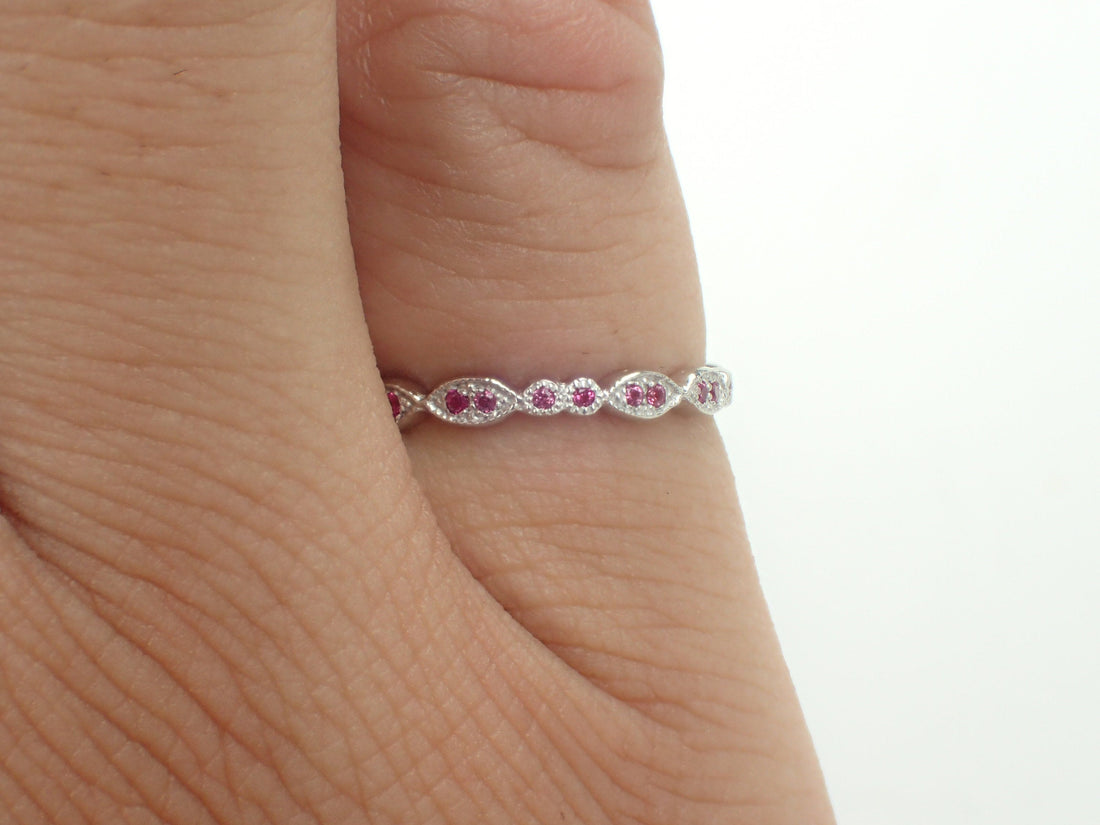 Marquise Shape Platinum Band, Pink Sapphire Art Deco Band, Full Eternity Band with Milgrain, Vintage Inspired Double Dot Ring