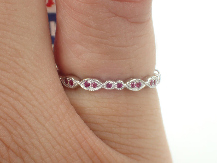 Marquise Shape Platinum Band, Pink Sapphire Art Deco Band, Full Eternity Band with Milgrain, Vintage Inspired Double Dot Ring