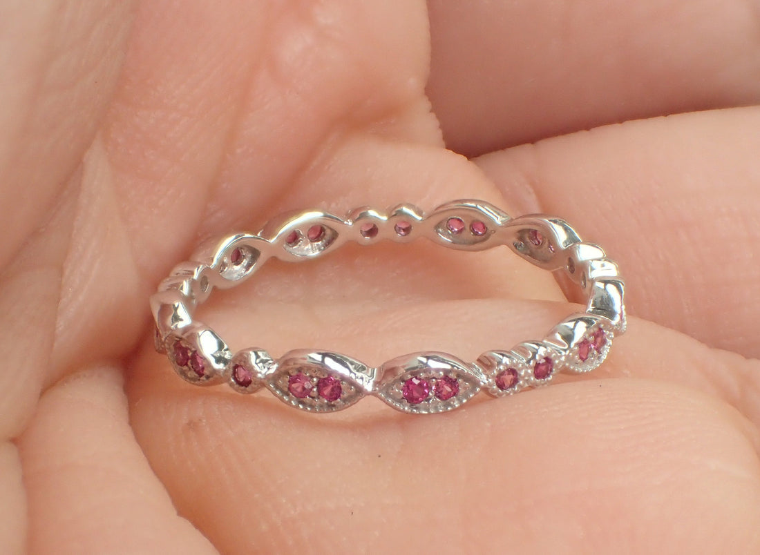 Marquise Shape Platinum Band, Pink Sapphire Art Deco Band, Full Eternity Band with Milgrain, Vintage Inspired Double Dot Ring