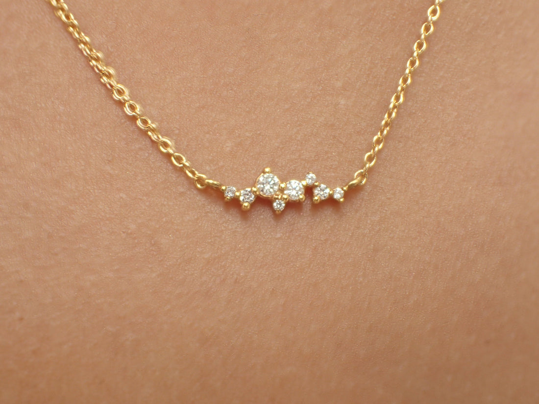 14k Solid Gold Cluster Necklace - Diamond Layering Necklace - Cluster Necklace - Unique Diamond Necklace - Prong Setting Pendant