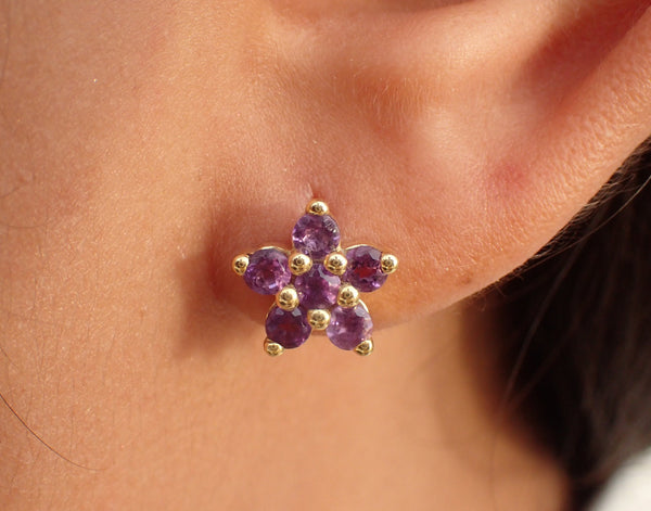 14k Flower Earring Stud Post Purple Amethyst - Gift for Ladies - Gift Under 100 - Earring Gifts – February Birthstone -Earring Gifts for Her